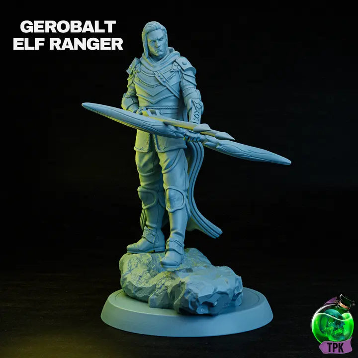 A render of a highly detailed model of a male elven ranger, standing confidently on a rocky base. The ranger wears ornate armor adorned with intricate patterns and textures, including shoulder pads, arm guards, and knee pads. He holds a large, elaborately designed bow horizontally across his body, emphasizing his prowess as a skilled archer. High Quality and crafted from resin.
