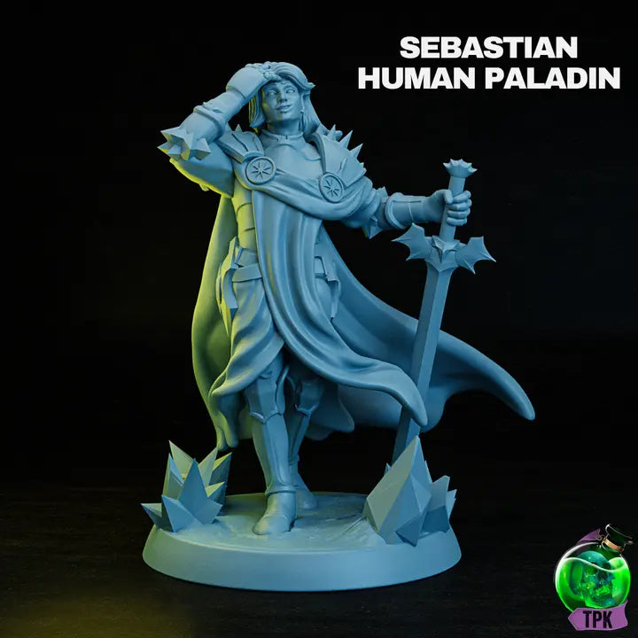 A render of a 3D-printed RPG miniature of Sebastian, a Human Paladin, standing heroically with a large sword. Unpainted, highly detailed, and ready for customisation.