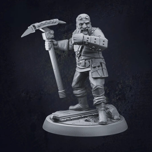 A 3D-printed model of a Dwarven Artificer, standing on a circular base with one foot raised on a platform. The figure wields a large hammer in one hand and features a mechanical arm with visible rivets and joints. Wearing a detailed outfit adorned with pouches, knee pads, and a tool belt, the artificer's robust design highlights intricate craftsmanship and industrial flair.