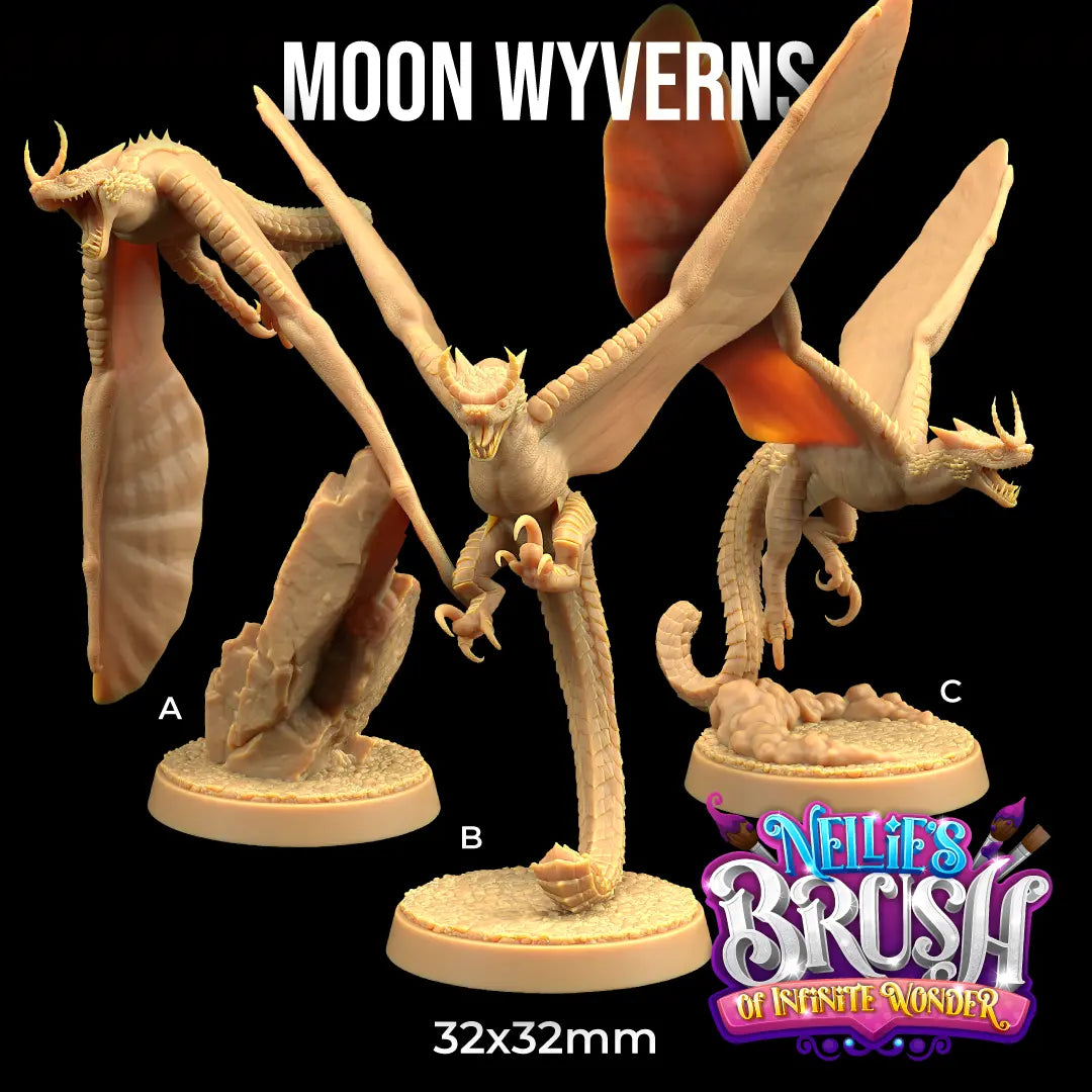 Three unpainted Moon Wyvern RPG miniatures with dramatic winged poses and separate scenic bases, shown labeled A, B, and C on 32mm bases. Designed by Dragon Trappers Lodge at 32mm scale.