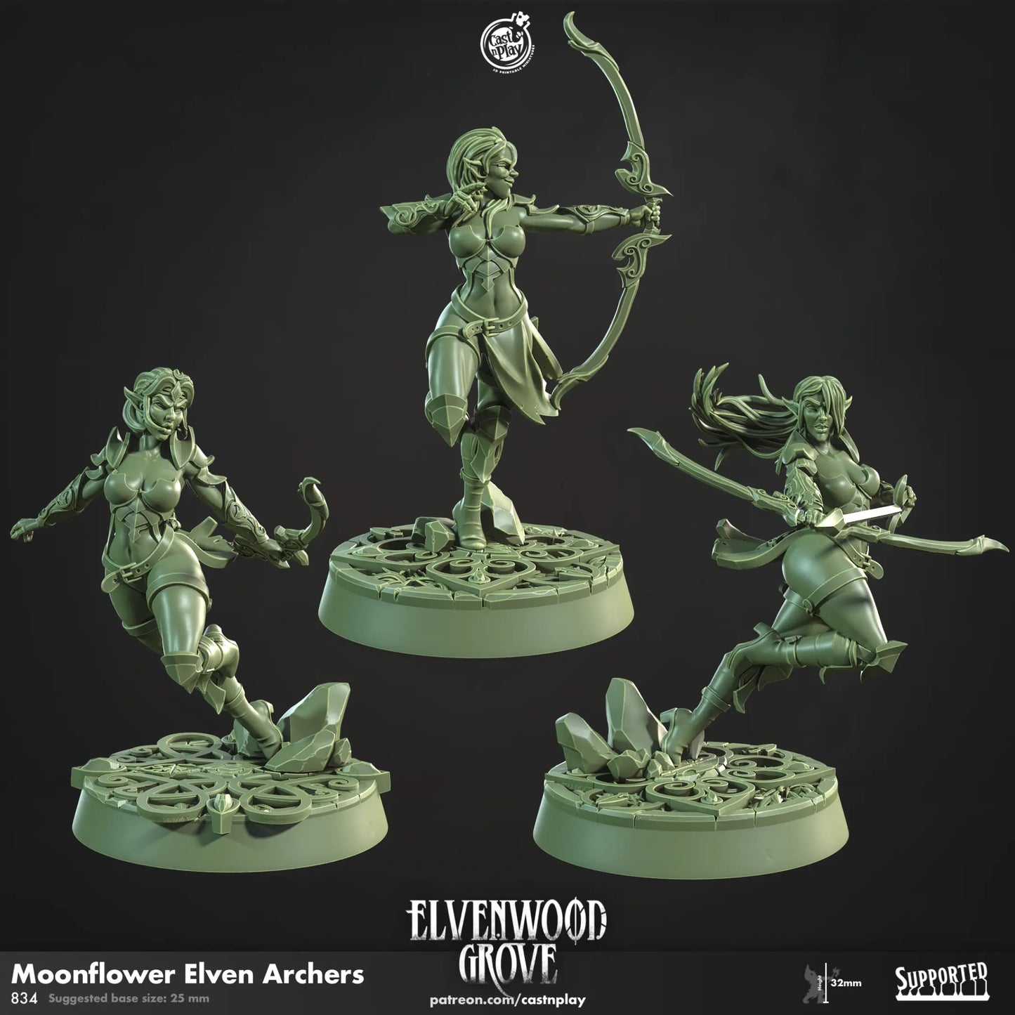 A finely detailed set of DnD miniatures featuring a group of elegant elven archers in dynamic and poised stances. Each archer is adorned with intricate, nature-inspired armor and flowing garments, emphasizing their agility and grace. They wield finely crafted bows, some drawing arrows while others stand ready for battle. Their long, pointed ears and ethereal features reflect their elven heritage. The bases are textured to resemble natural terrain, enhancing their woodland aesthetic and making them perfect f