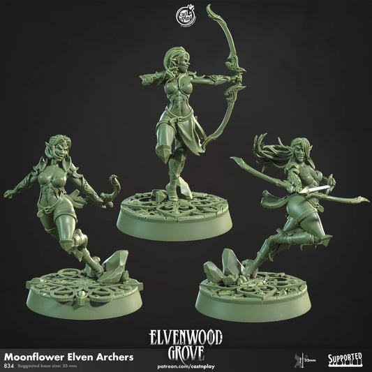A finely detailed set of DnD miniatures featuring a group of elegant elven archers in dynamic and poised stances. Each archer is adorned with intricate, nature-inspired armor and flowing garments, emphasizing their agility and grace. They wield finely crafted bows, some drawing arrows while others stand ready for battle. Their long, pointed ears and ethereal features reflect their elven heritage. The bases are textured to resemble natural terrain, enhancing their woodland aesthetic and making them perfect f