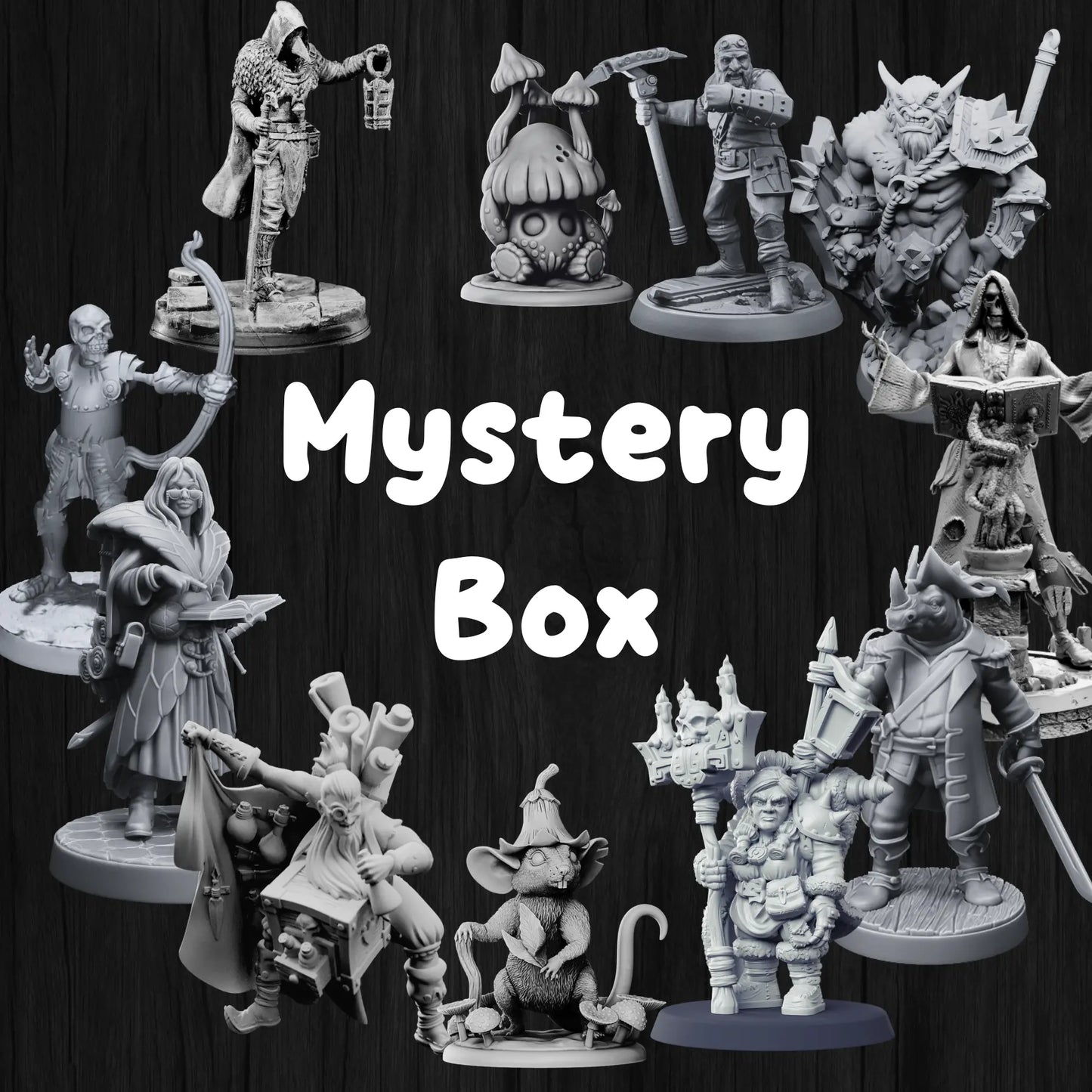 A mystery box of 3D printed resin miniatures suitable for dnd, rpg tabletop games and wargaming. Models contained within are on 25mm or 32mm bases.