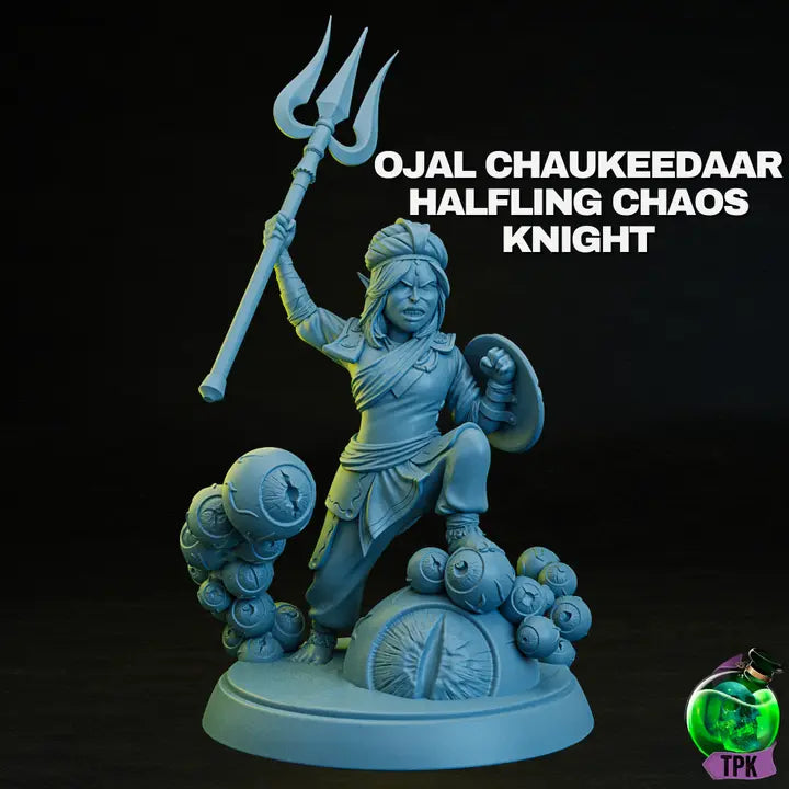 A 3D-printed miniature designed by TPK Labs, depicting a halfling chaos knight holding a trident and shield, with a base adorned with sculpted eyeballs for a fantastical and eerie effect."