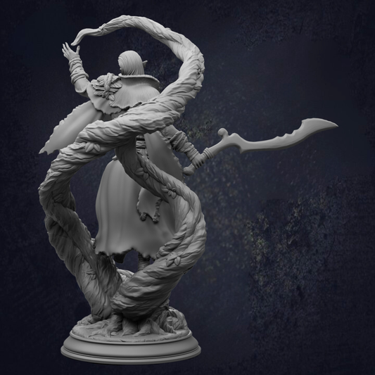 A monochrome fantasy figurine of a cloaked warrior with raised arm and curved sword, wrapped in a large vine-like form, standing on a round base against a dark textured background.
