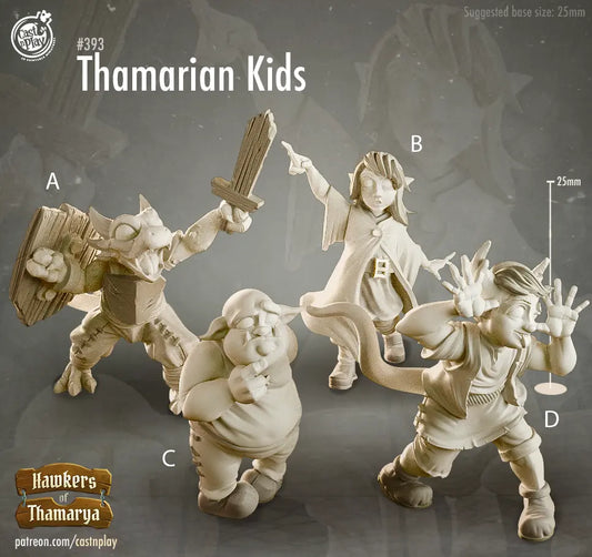 A detailed set of DnD miniatures featuring a group of young orphan children in various poses. Each child has distinct clothing and expressions, reflecting a mix of curiosity, resilience, and innocence. Some figures appear to be clutching small belongings, while others stand with cautious or hopeful stances. Their ragged outfits and barefoot appearances hint at a life of hardship, making them perfect for immersive storytelling in tabletop RPGs.