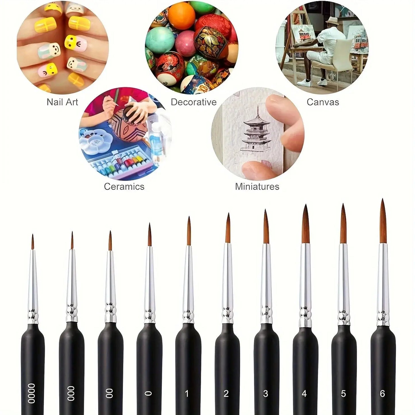 Demonstrations of how the brushes can be used such as nail art, decorative, canvas, ceramics and miniatures