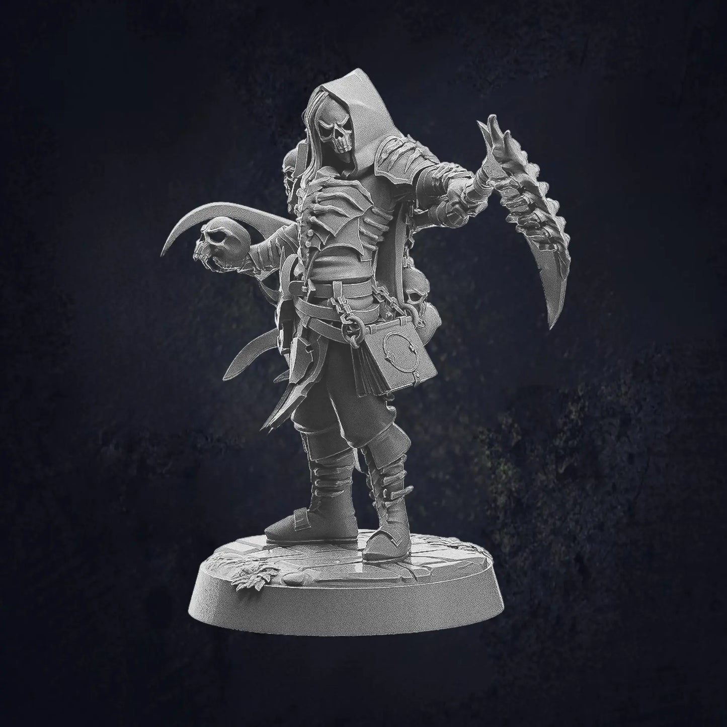 Model B Human Male Skeleton Warlock ideal for dark fantasy characters, suitable for undead or vampire warriors. Posed holding a scythe in one hand and a skull in the other. The figure wears a gothic-style armor with intricate details, capes, and accessories. The design includes skull motifs, tattered clothing, and fierce expressions, enhancing his eerie and powerful presence. The model is provided on a 25mm base with a cobblestone texture.