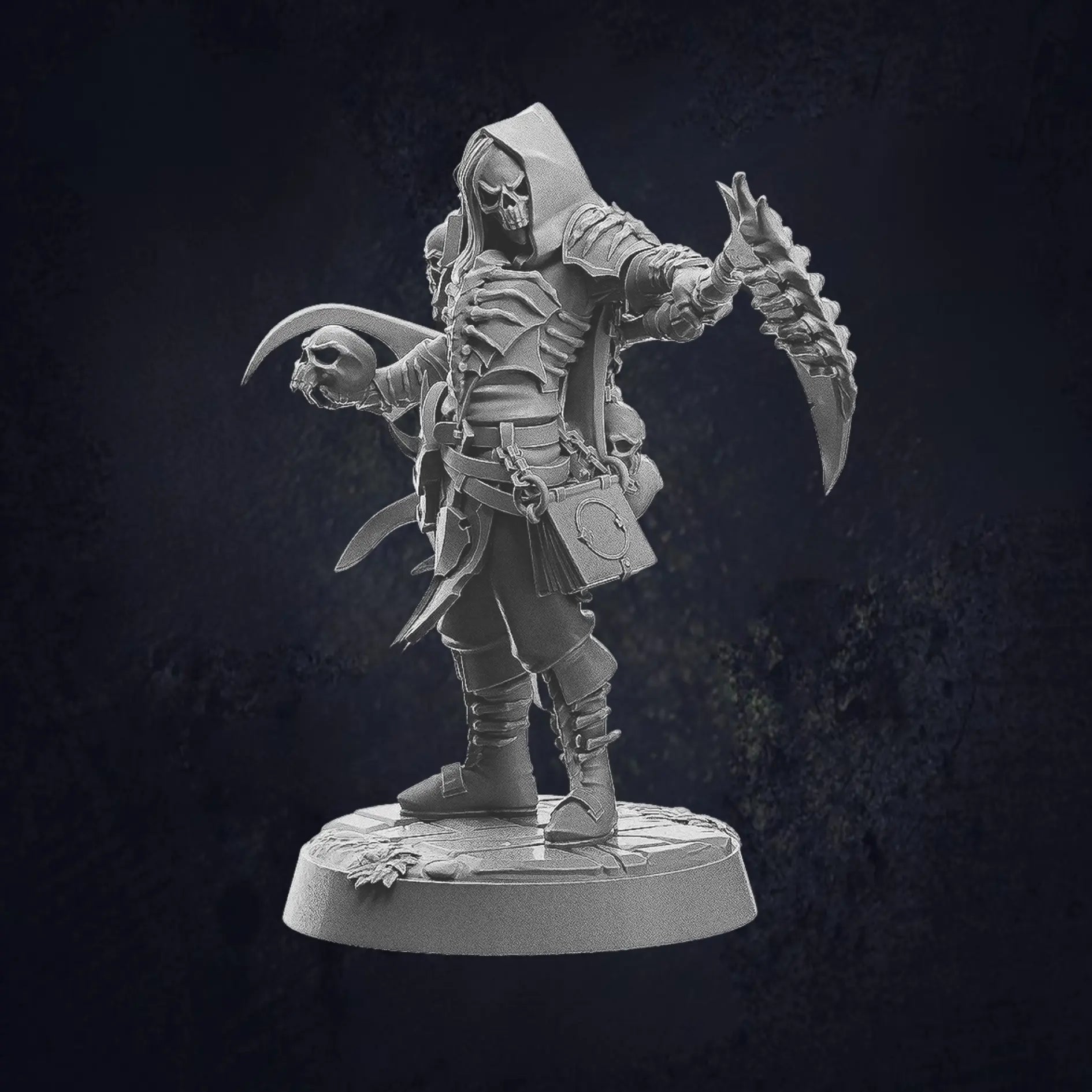 Model B Human Male Skeleton Warlock ideal for dark fantasy characters, suitable for undead or vampire warriors. Posed holding a scythe in one hand and a skull in the other. The figure wears a gothic-style armor with intricate details, capes, and accessories. The design includes skull motifs, tattered clothing, and fierce expressions, enhancing his eerie and powerful presence. The model is provided on a 25mm base with a cobblestone texture.