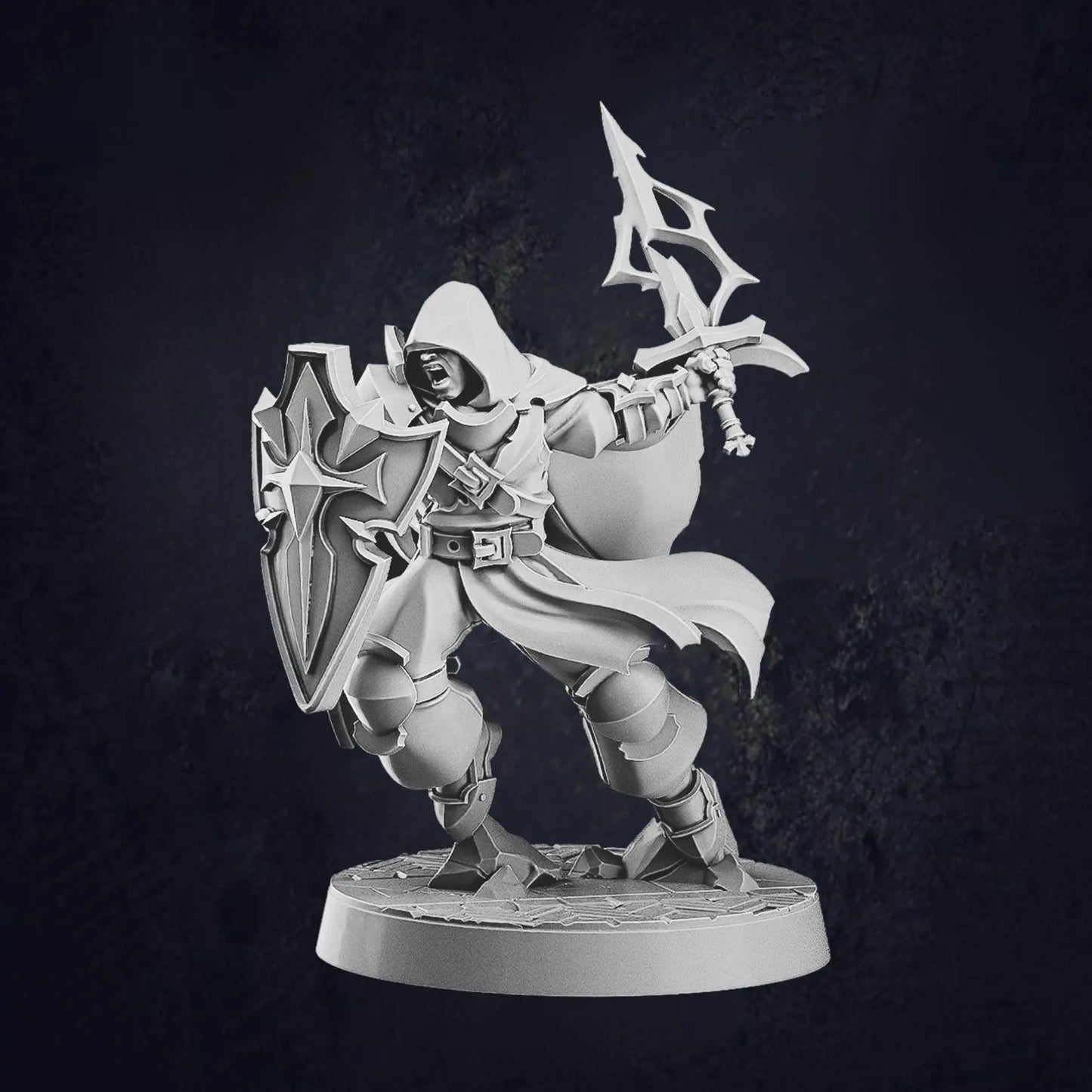Model C - male human paladin miniature at 32mm scale designed by Cast N Play, each on 30mm bases.  The human paladin, is in a battle pose, is hooded and holds a sword and shield, with a more mysterious and vigilant appearance.