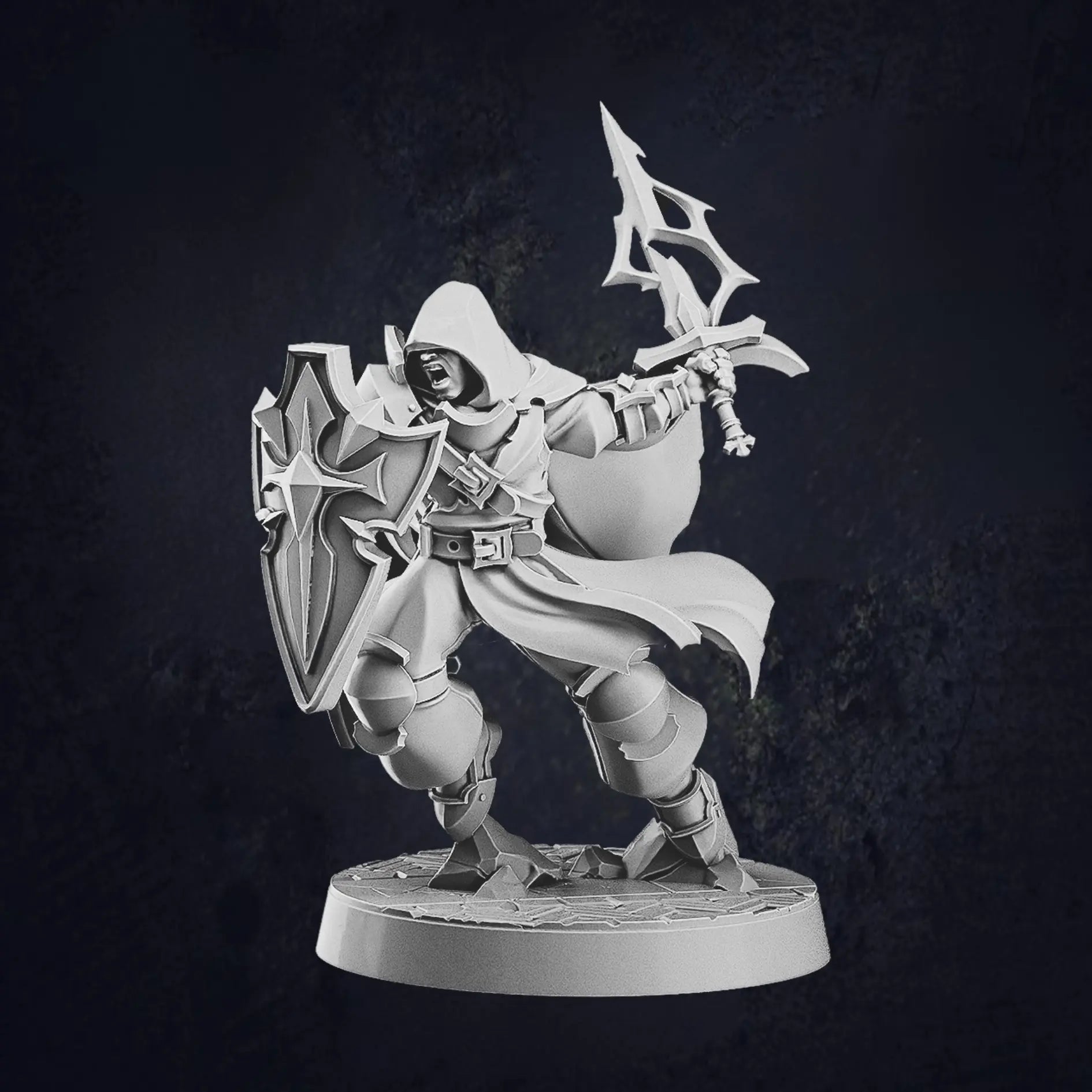 Model C - male human paladin miniature at 32mm scale designed by Cast N Play, each on 30mm bases.  The human paladin, is in a battle pose, is hooded and holds a sword and shield, with a more mysterious and vigilant appearance.