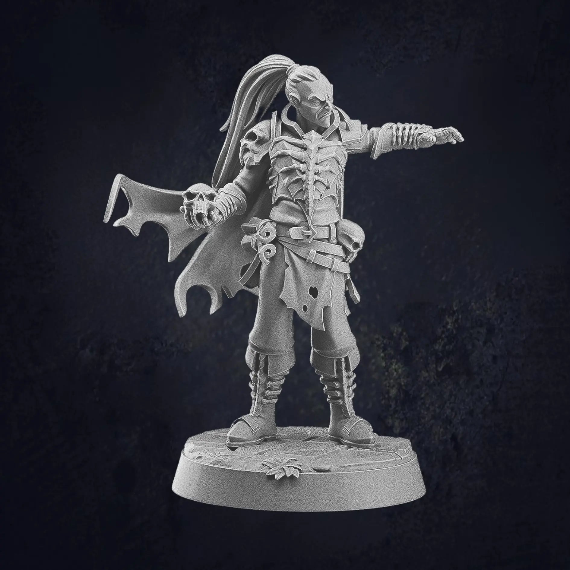 Model C Human Male Warlock ideal for dark fantasy characters, suitable for undead or vampire warriors. Posed holding a skull and an outstretched arm. The figure wears a gothic-style armor with intricate details, capes, and accessories. The design includes skull motifs, tattered clothing, and fierce expressions, enhancing his eerie and powerful presence. The model is provided on a 25mm base with a cobblestone texture.