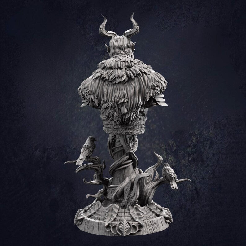A rear view of a bust statue of the Infernal Forest Guardian by DM Stash