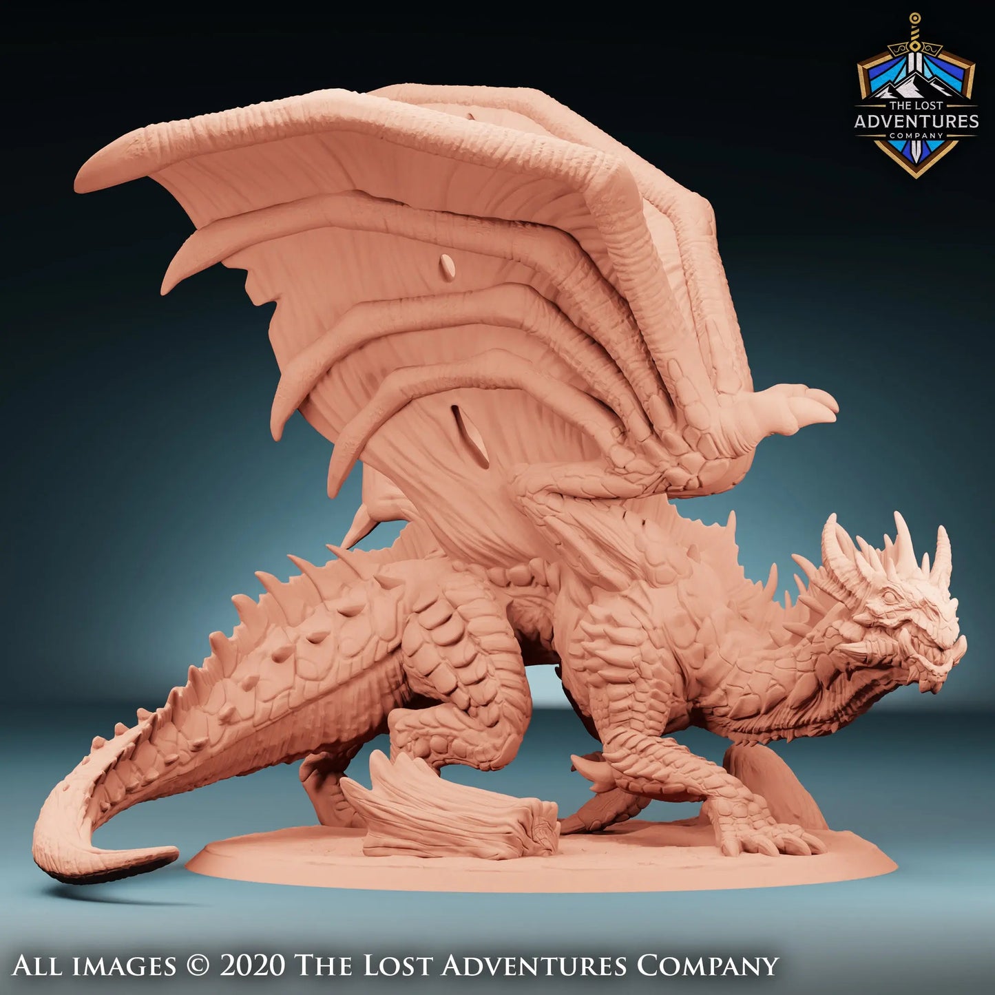 A large adult green dragon standing on all fours, with a snarling mouth and wings spread open ready for flight. Made via 3D printed resin and finished to a high quality and designed by Lost Adventures to a 32mm scale.