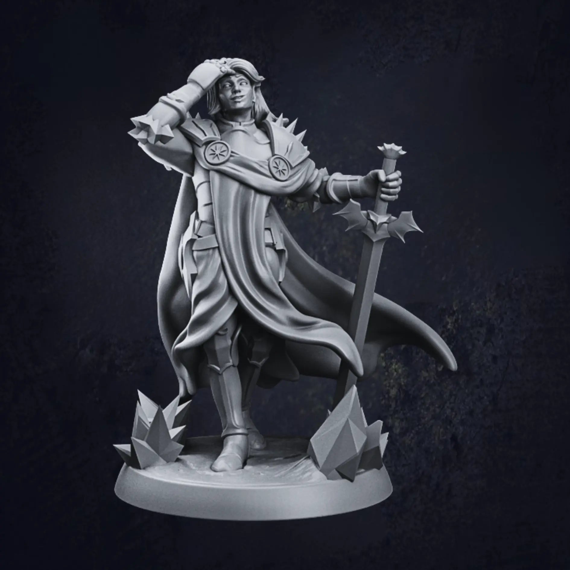 A 3D-printed RPG miniature of Sebastian, a Human Paladin, standing heroically with a large sword. Unpainted, highly detailed, and ready for customisation.