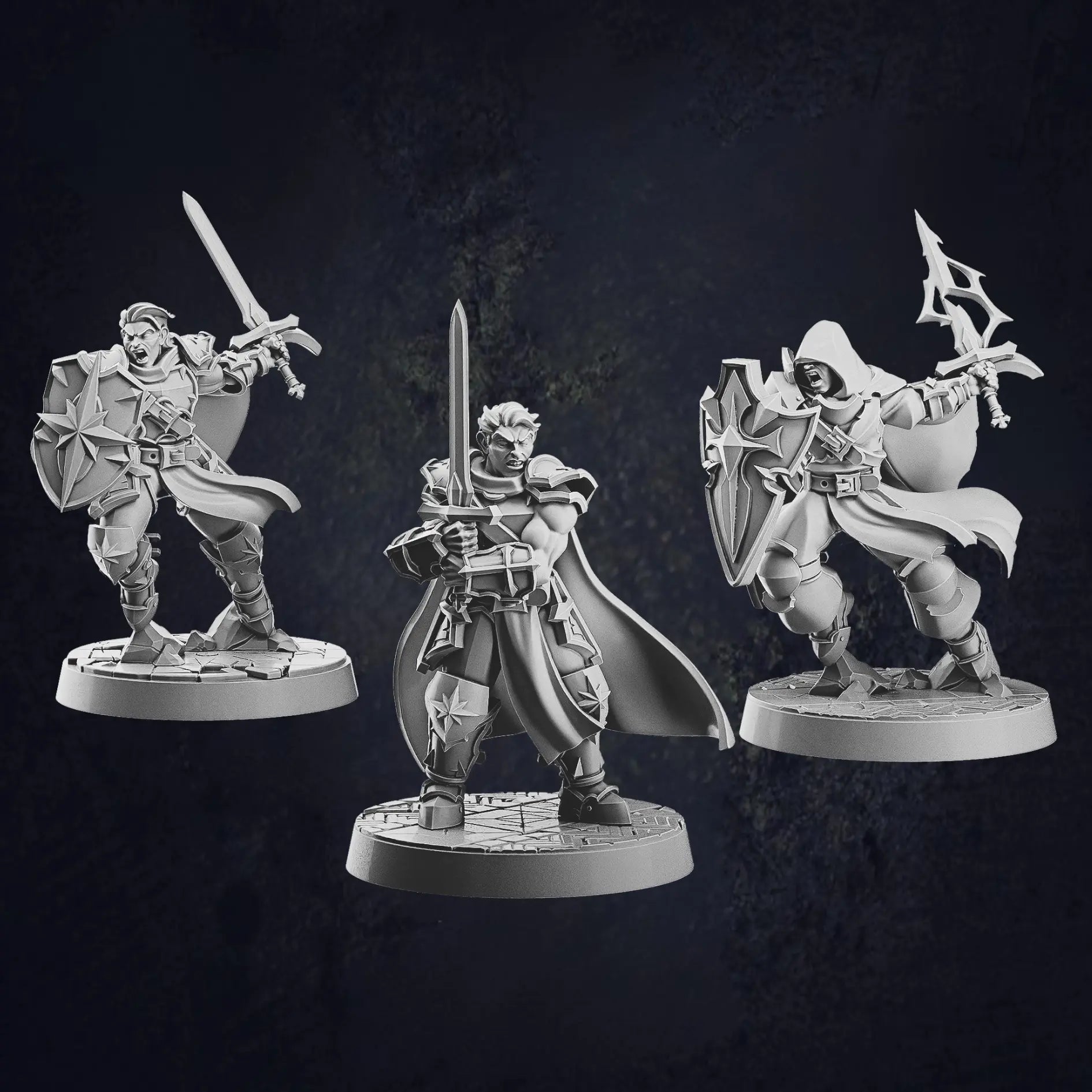 Three male human paladin miniatures at 32mm scale designed by Cast N Play, each on 30mm bases. The first paladin is holding a sword with both hands, ready for combat. The second paladin stands in a battle pose, holding a sword and shield, displaying a defensive stance. The third paladin, also in a battle pose, is hooded and holds a sword and shield, with a more mysterious and vigilant appearance.