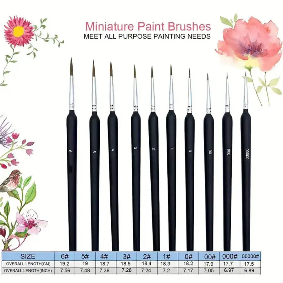 a set of 10 paintbrushes varying in size from 0000 to 6
