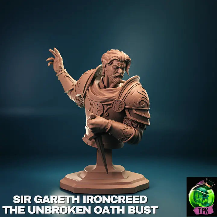 A render of a high-quality 3D-printed RPG bust of Sir Gareth, 82mm tall, crafted in durable ABS-like resin. Unpainted and ready for tabletop gaming or display.
