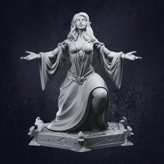 Kneeling female elf wearing flowing dress with no spiders, devotee to the spider goddess