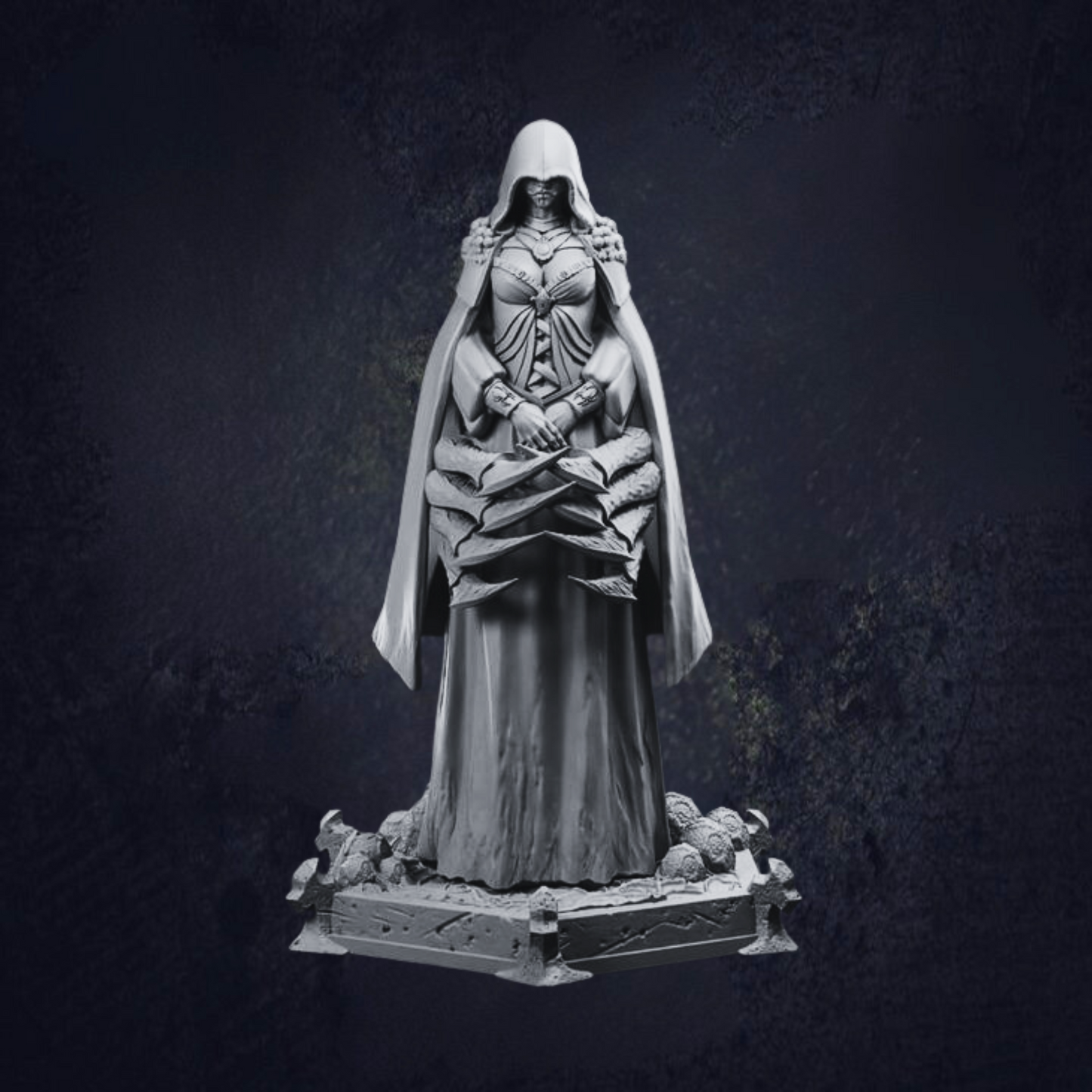 Hooded high priestess with spider legs wrapped around the body on a hexagon base with spider eggs