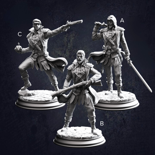 A group of bandits featuring gunslinger, bomber and duelist. Clear alphabetical labels displayed to identify each model.