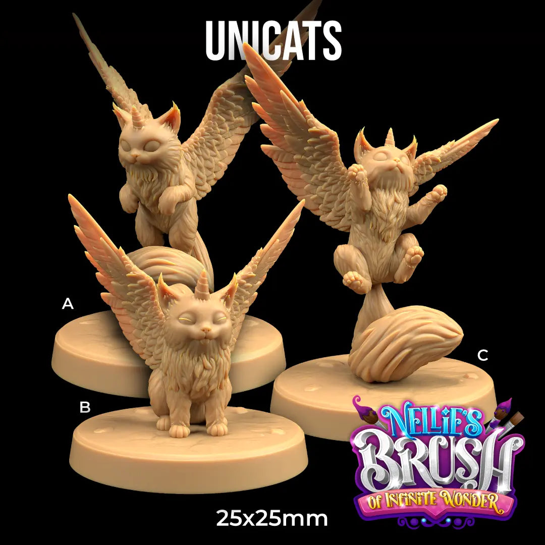 Intricately designed miniature figurines from Nellie's Brush of Infinite Wonder collection, featuring fantastical "UNICATS"—unique hybrids of unicorns and cats with wings. These unpainted models are positioned on round bases measuring 25x25mm, showcasing various dynamic poses and detailed craftsmanship, perfect for tabletop gaming or display. Ideal for collectors of fantasy miniatures and RPG enthusiasts.