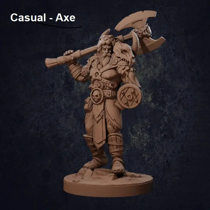 A highly detailed DnD miniature of a Viking-style barbarian warrior standing in a relaxed but imposing stance, holding a battle axe casually at his side. The warrior has a muscular build, long flowing hair, and a stoic expression. He wears rugged armor with fur accents, including a chest harness, bracers, and greaves. The base is textured to resemble rocky terrain, adding depth to the figure’s presence.