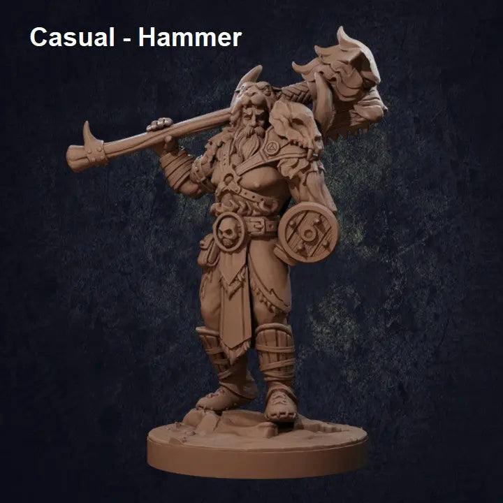 A detailed DnD miniature of a Viking-style barbarian warrior standing confidently, resting a massive warhammer at his side. The warrior has a muscular physique, long flowing hair, and a composed yet formidable expression. He wears rugged armor with fur accents, including bracers and a chest harness. The base of the miniature is textured to resemble rocky ground, adding depth to the figure’s stance.
