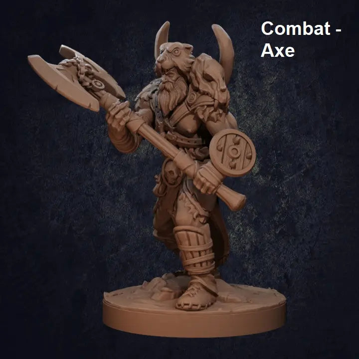 A highly detailed DnD miniature of a Viking-style barbarian warrior wielding a massive battle axe in a fierce combat stance. The warrior has a muscular build, long flowing hair, and an intense expression. He wears rugged armor with fur accents, including a chest harness, bracers, and greaves. His right hand firmly grips the axe, raised for a powerful swing, while his left hand is outstretched in a dynamic pose. The base of the miniature is textured to resemble rocky terrain, enhancing the battle-ready appea