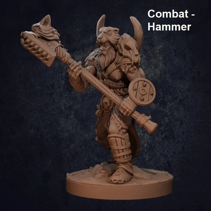 A highly detailed DnD miniature of a Viking-style barbarian warrior wielding a massive warhammer in a battle-ready stance. The warrior has a muscular build, long flowing hair, and a fierce expression. He wears rugged armor with fur accents, including a chest harness, bracers, and greaves. His right hand grips the warhammer, raised for a powerful strike, while his left hand is outstretched in an aggressive pose. The base of the miniature is textured to resemble rocky terrain.