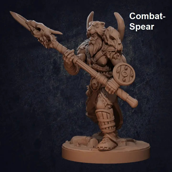 A highly detailed DnD miniature of a Viking-style barbarian warrior wielding a long spear in an aggressive stance. The warrior has a muscular build, a fierce expression, and long, flowing hair. He wears rugged armor with fur accents, including a chest harness, bracers, and greaves. His left hand is raised in a dynamic pose, while his right grips the spear, ready for battle. The base of the miniature is textured, resembling rocky terrain.