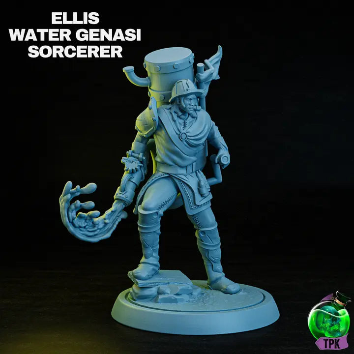 A render of a highly detailed 3D-printed miniature of a Water Genasi Sorcerer, posed dynamically with magical water swirling from their mechanical gauntlet. The figure wears a mix of armor and robes, with intricate accessories and a large alchemical contraption on their back, perfect for tabletop RPGs or display painting.
