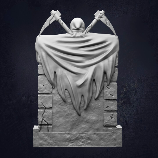 A 3D rendering of a ghostly figure with a flowing cape, standing on a stone pedestal against a dark background.