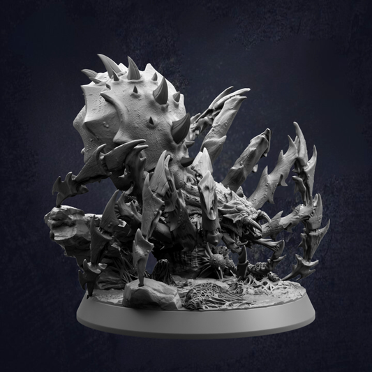 A detailed 3D model of a large, spiky creature with sharp teeth and claws, set against a dark background.