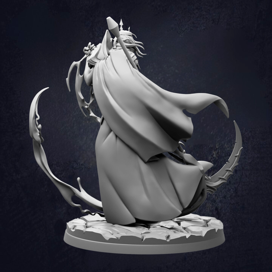 A 3D rendering of a fantastical creature with flowing robes and a pointed hat, standing on a rocky base against a dark background.