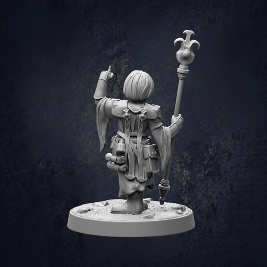 A 3D rendering of a character holding a staff and pointing upwards, set against a dark background.