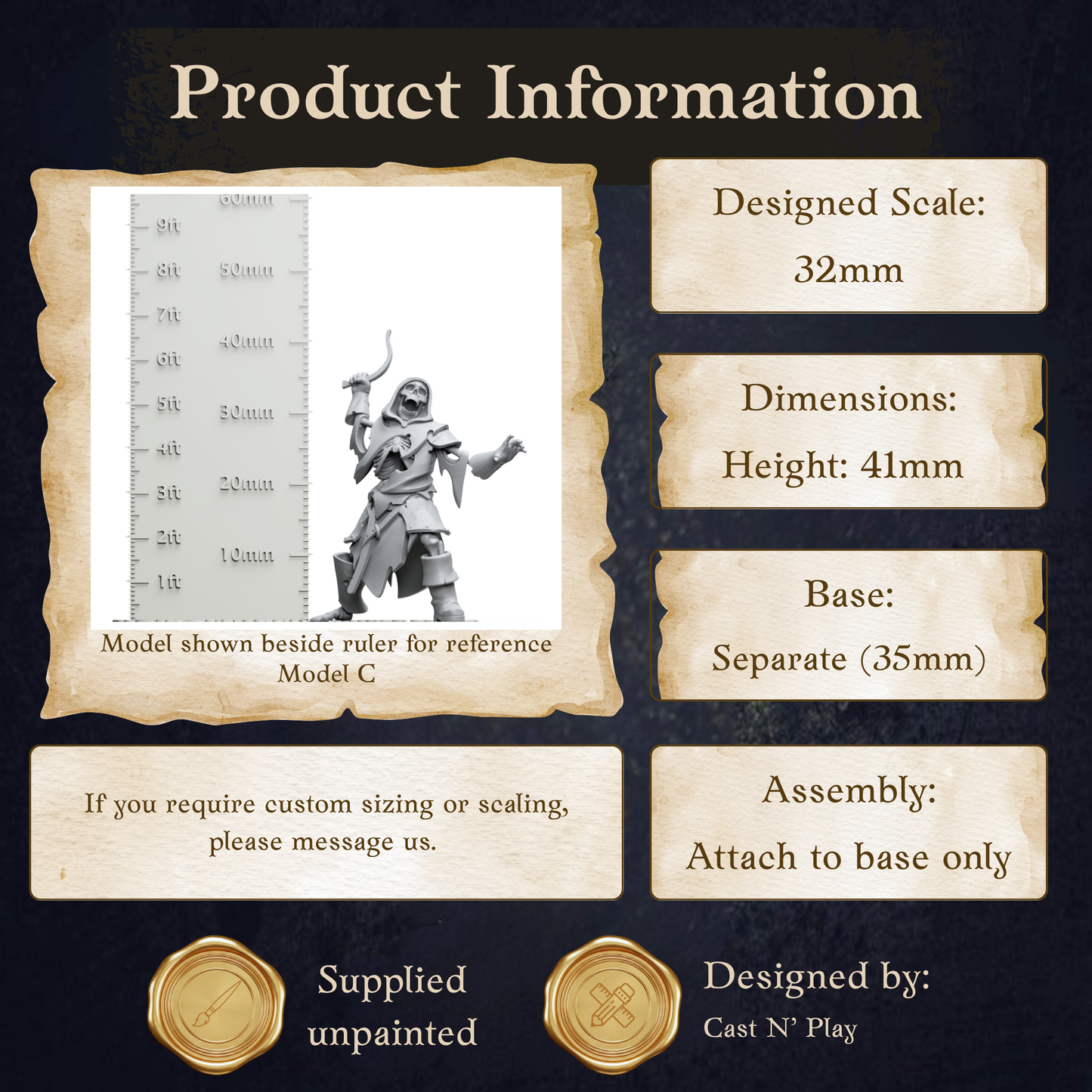 The image is a product information graphic that provides details about a model, including its dimensions, base, and assembly instructions.