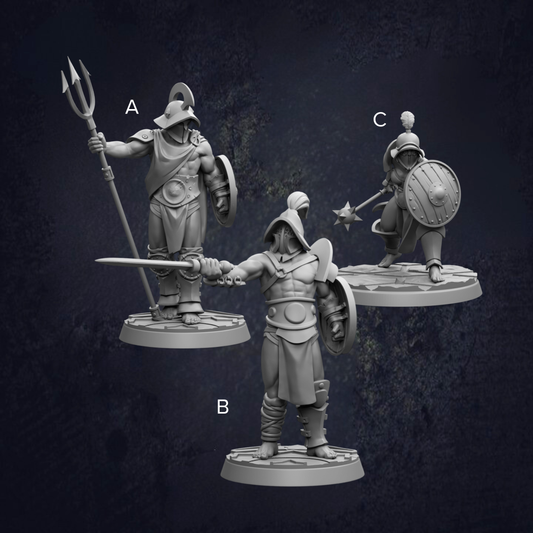 three figurines of soldiers, each holding different weapons such as a trident, a shield, and a sword.