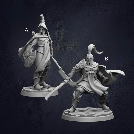 two figurines of armored knights, each holding a shield and sword, set against a dark background.
