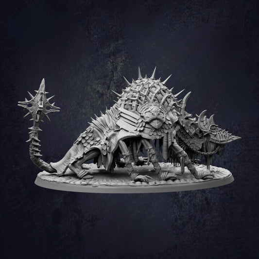 A detailed, intricate, and fantastical creature resembling a dragon or serpent, with sharp teeth and spikes, is depicted in the image.