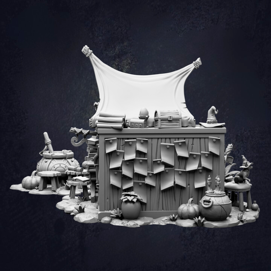 A whimsical, fantastical scene featuring a large, tent-like structure with various objects and decorations, including a hat, a pot, and a plant, all set against a dark background.
