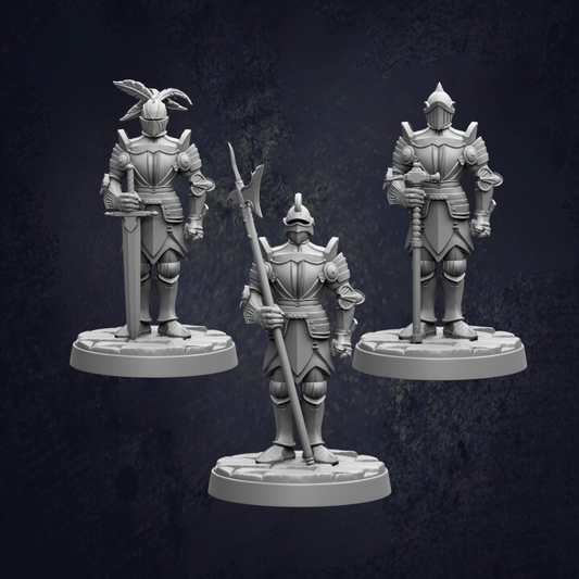 three armored knights standing on platforms, each holding a weapon such as a sword and a spear.