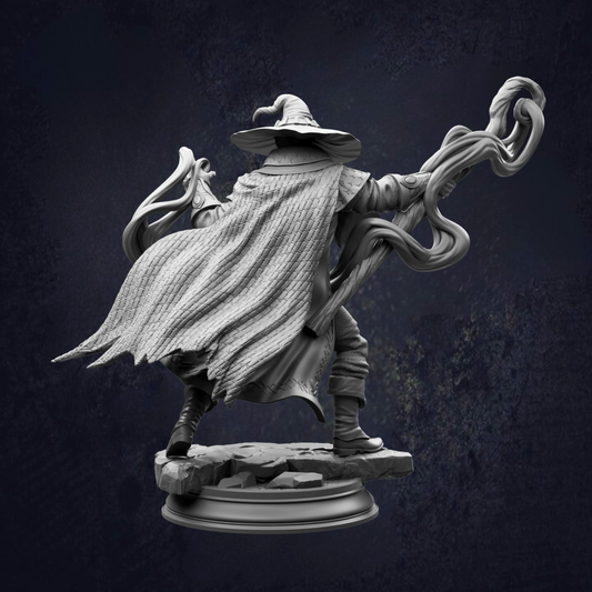 A detailed 3D rendering of a wizard or magical figure, with flowing robes and a staff, standing on a platform against a dark background.