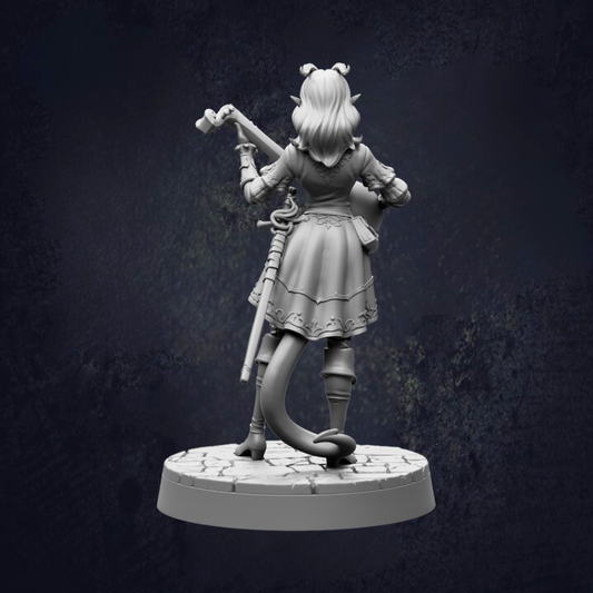 A 3D rendering of a female character with long hair and horns, wearing a dress and holding a staff, standing on a stone pedestal against a dark background.