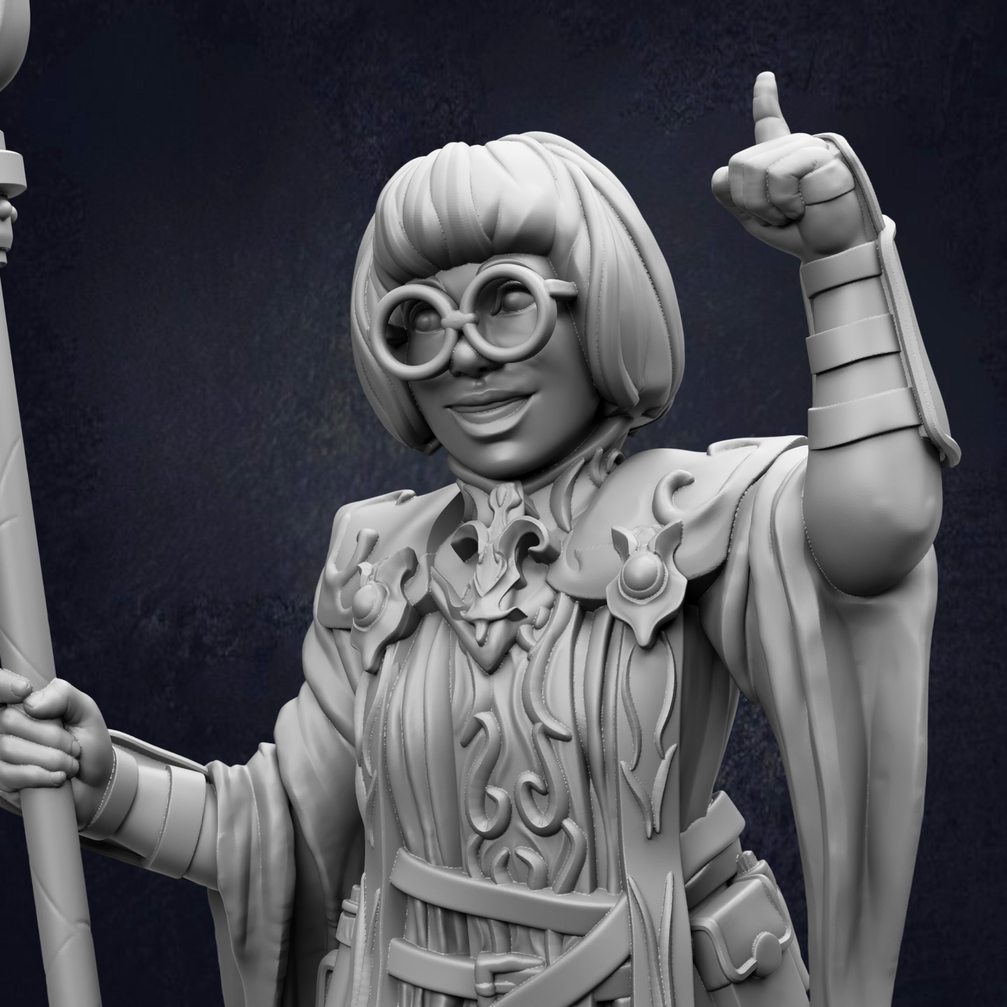 A detailed 3D rendering of a character with a large head, wearing glasses and a flowing robe, holding a staff and making a gesture with their hand.