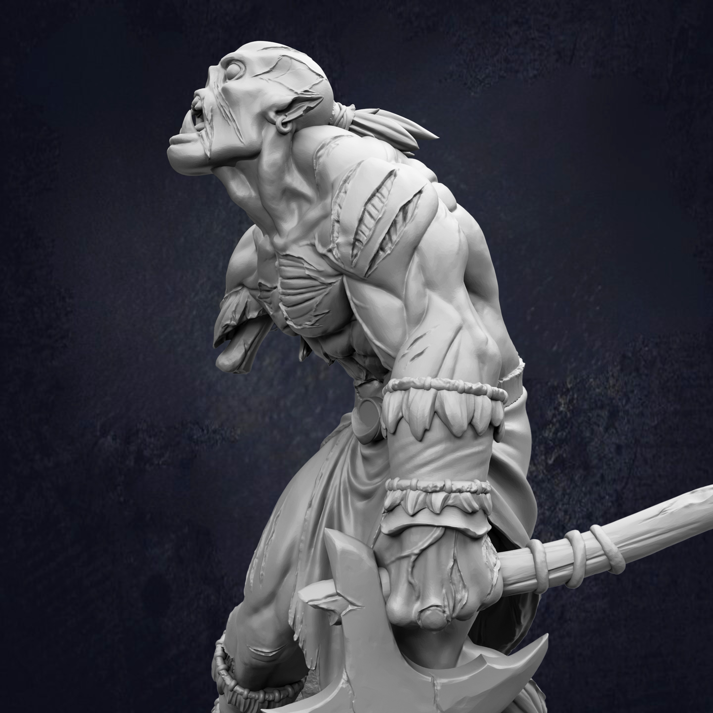 A detailed 3D rendering of a fierce-looking warrior figure, with a large weapon in hand, set against a dark background.