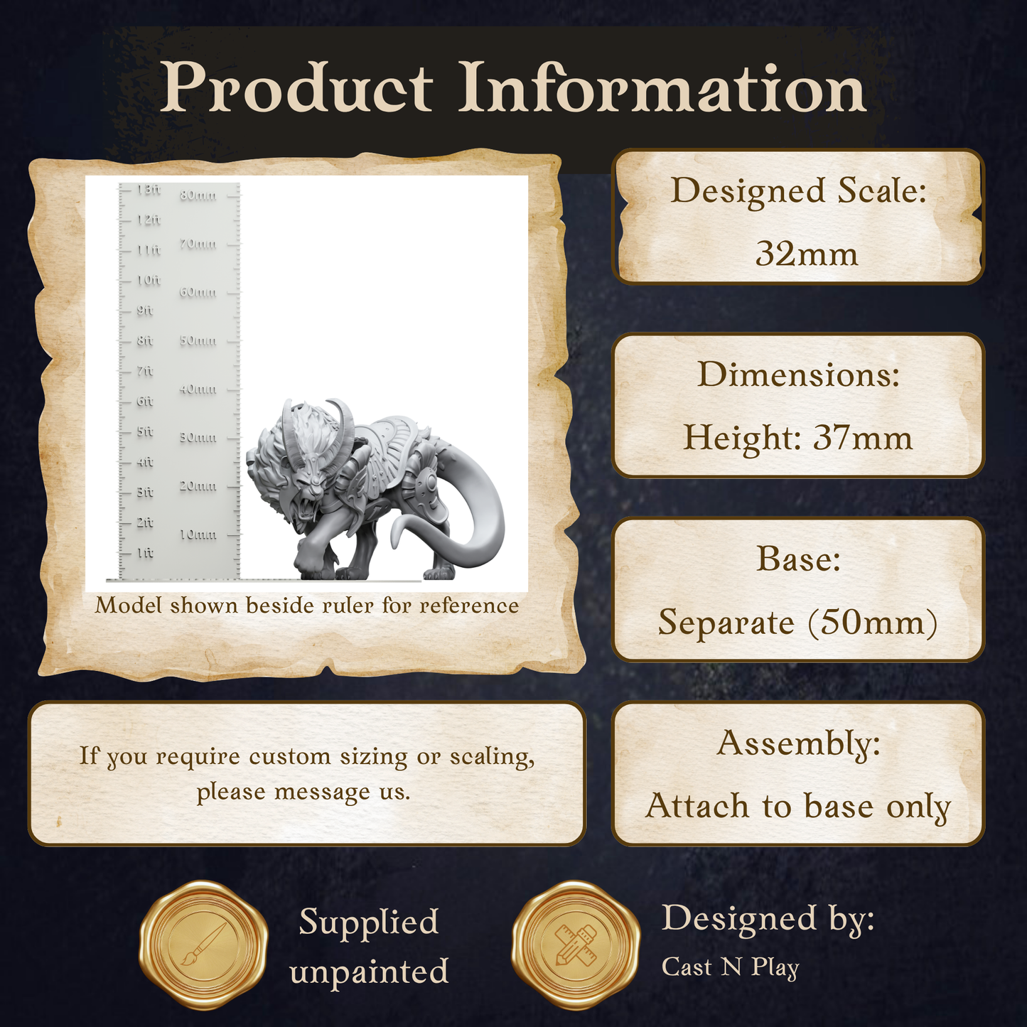 The image is a product information graphic that provides details about a model, including its dimensions, height, base, and assembly instructions.