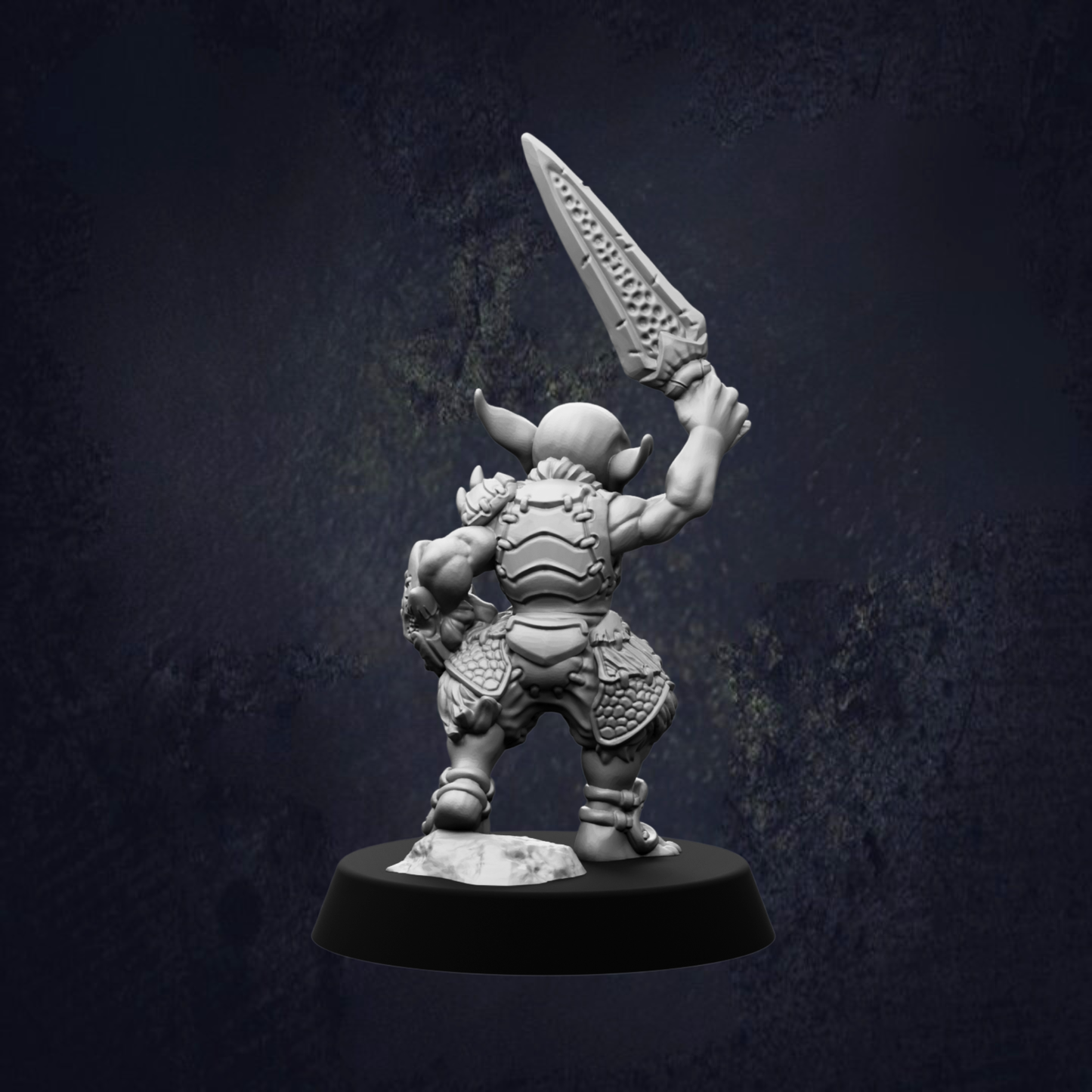 A 3D model of a fantasy character holding a sword and standing on a base against a dark background.