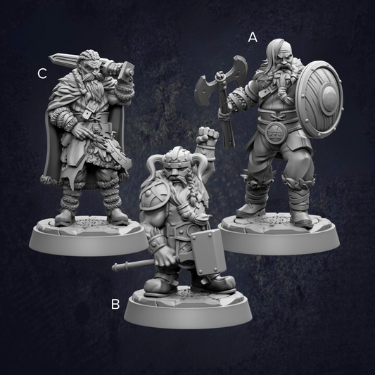 three different figurines of fantasy characters, each with unique poses and weapons, set against a dark background.