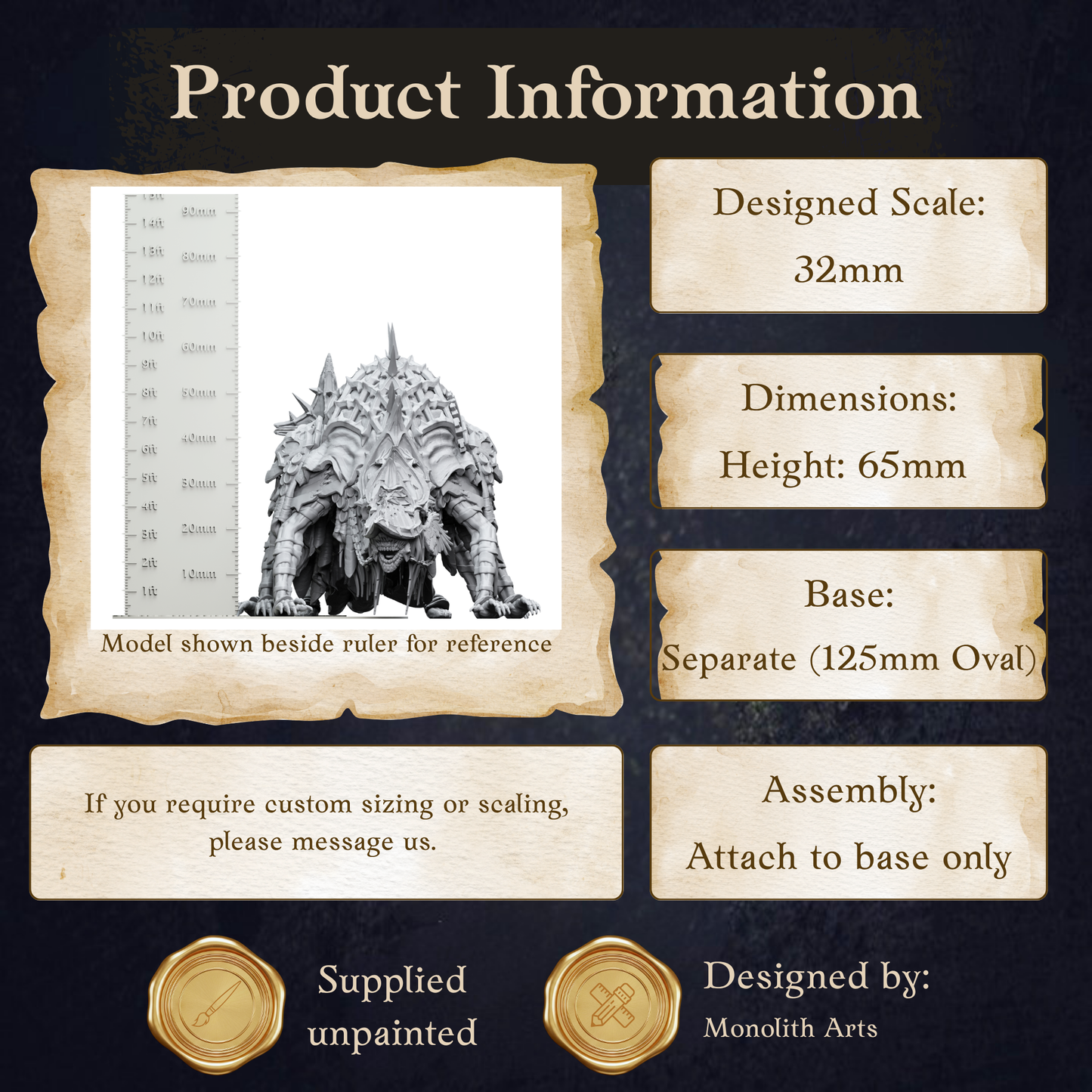The image is a product information graphic that provides details about a model, including its dimensions, base, assembly instructions, and whether it is supplied unpainted or designed by Monolith Arts.